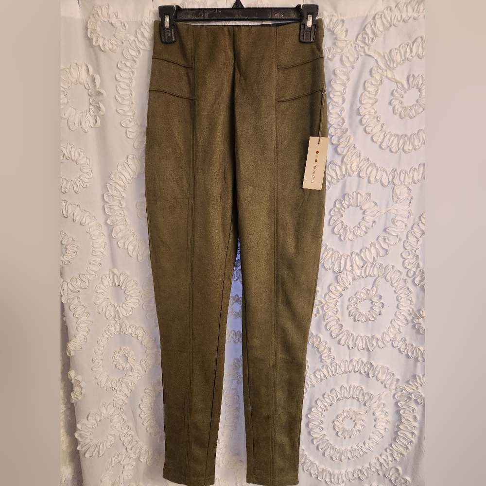 Three Dots Women’s Sofia F Seam Pull On Pants- Green Moss Medium NWT faux suade